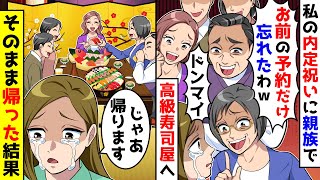 私の内定祝いに親族全員で高級寿司屋へ行ったが私の予約だけがなかった。そのまま帰った結果