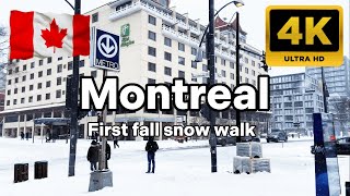 4k Canada snow walk 2024 Montreal city tour in Quebec on first snow fall of the season UHD