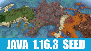 Minecraft Java 1.16.3 Seed: Spawn on mushroom island between village and mesa with exposed mineshaft