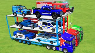 TRANSPORTING CARS, FIRE TRUCK, POLICE CARS, AMBULANCE OF COLORS! WITH TRUCKS! - FARMING SIMULATOR 22