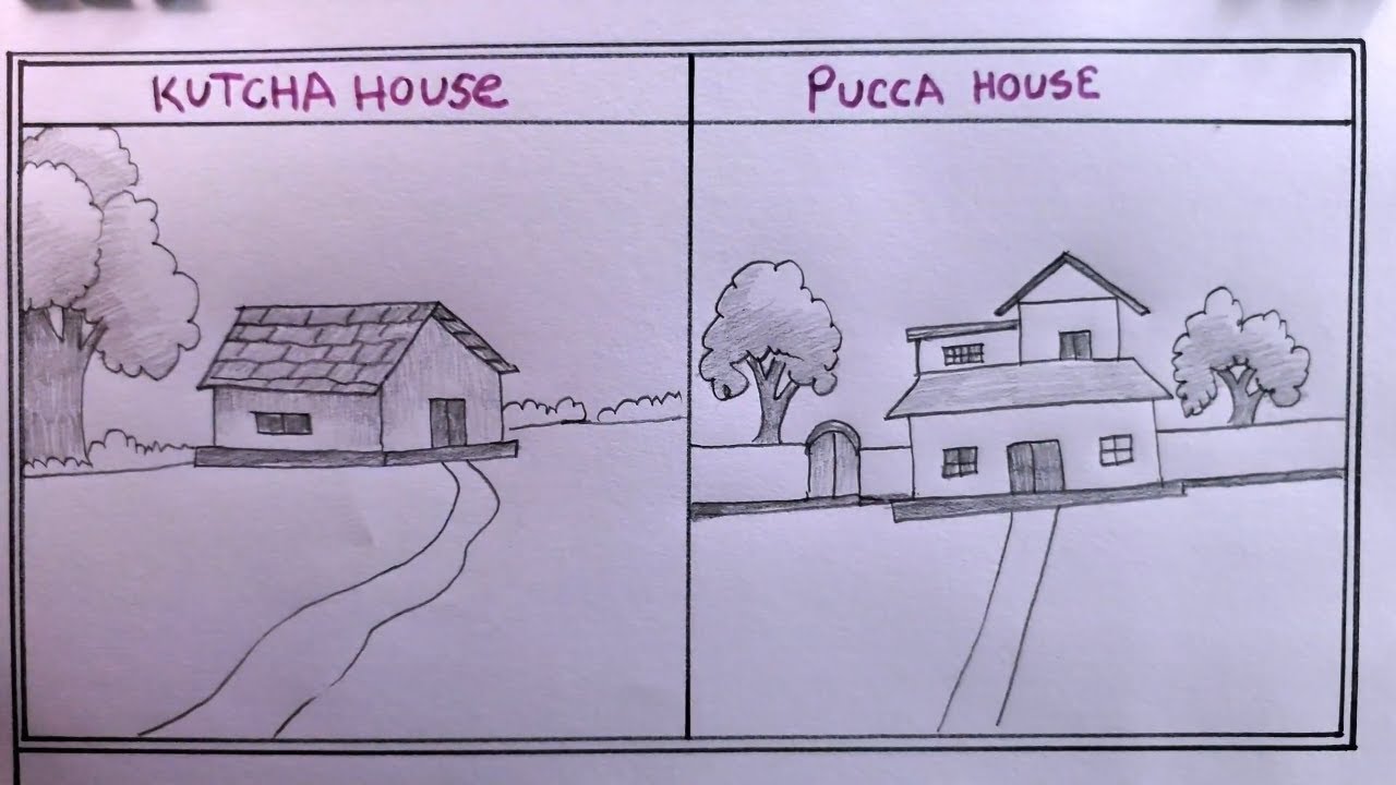 how to draw easy house/draw kutcha house/house drawing - YouTube