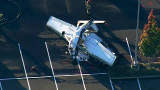 Aerials of plane crash in Party City parking lot in Puyallup