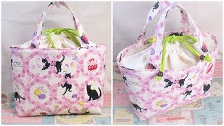 巾着トートバッグ 作り方　ねこ柄　裏地付き　マチ付き　How to Make a Drawstring Tote Bag