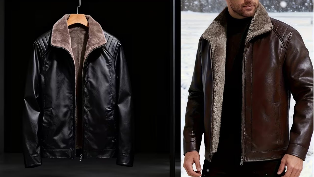 Men'S PU Jacket with Fleece Lining, Warm Winter Coat, Stand Collar Design, Zipper