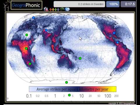 kort over de gennemsnitlige globale lynnedslag per kvadratmeter per år,