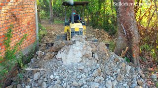 Starting New Project Landfill With Komatsu D20 Bulldozer Pushing Dirt And 5 Ton Truck Unloading Dirt