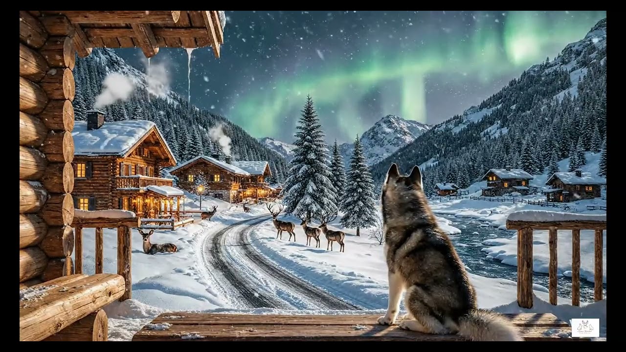 Epic Winter Blizzard Night ❄️ Cozy Mountain Village Storm | Husky & Northern Lights 4K HDR Ambience