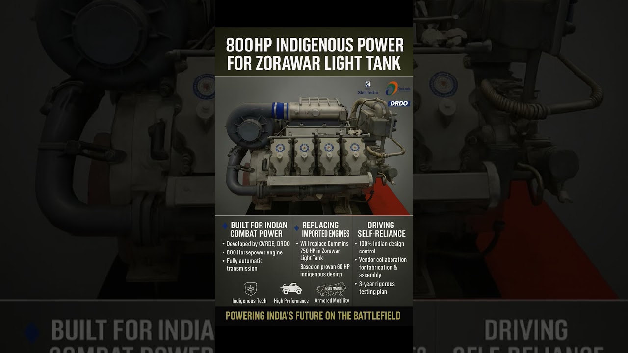 India’s 800HP Indigenous Engine Powers Zorawar Light Tank 🔥