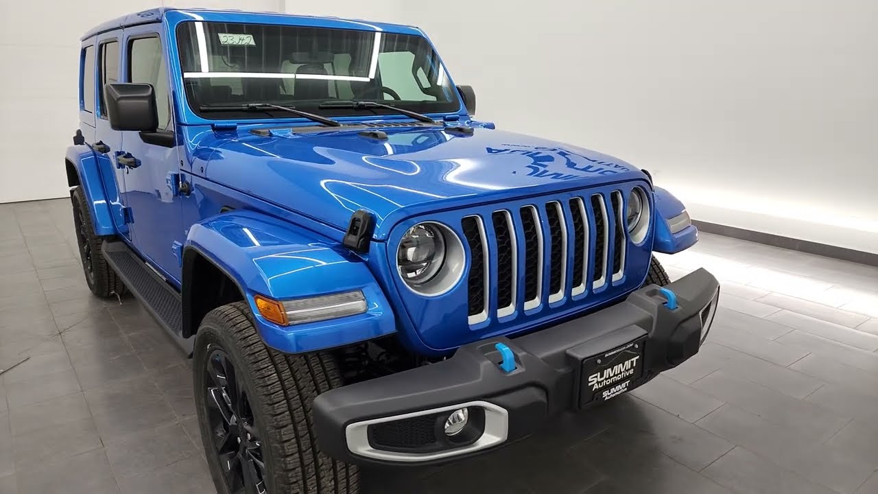 2023 JEEP WRANGLER SAHARA 4XE HYBRID HYDRO BLUE PEARLCOAT 4K WALKAROUND  23J42 - YouTube