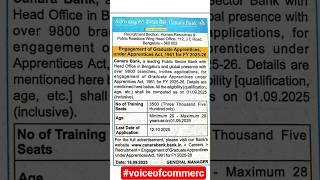 Canara Bank Recruitment of Graduate Apprentices 2025 -26 3500 seats.