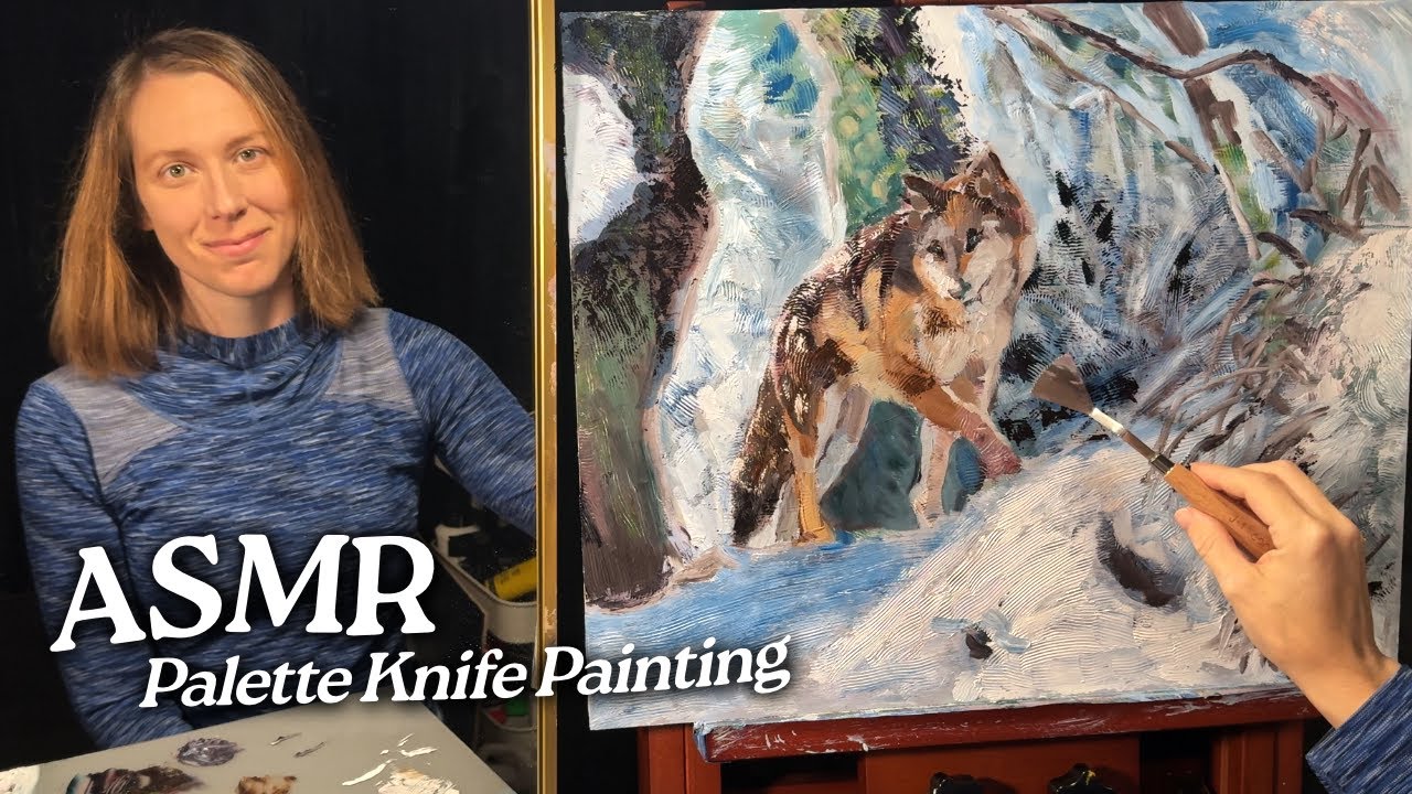 ASMR Palette Knife Painting: Wolf in the Forest with Snow (Soft Spoken, 2 Hours)