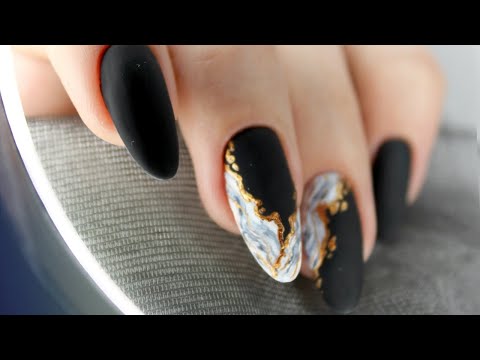 Realistic Marble Nails with gel polish | Matte Black Nails | Mineral Stone