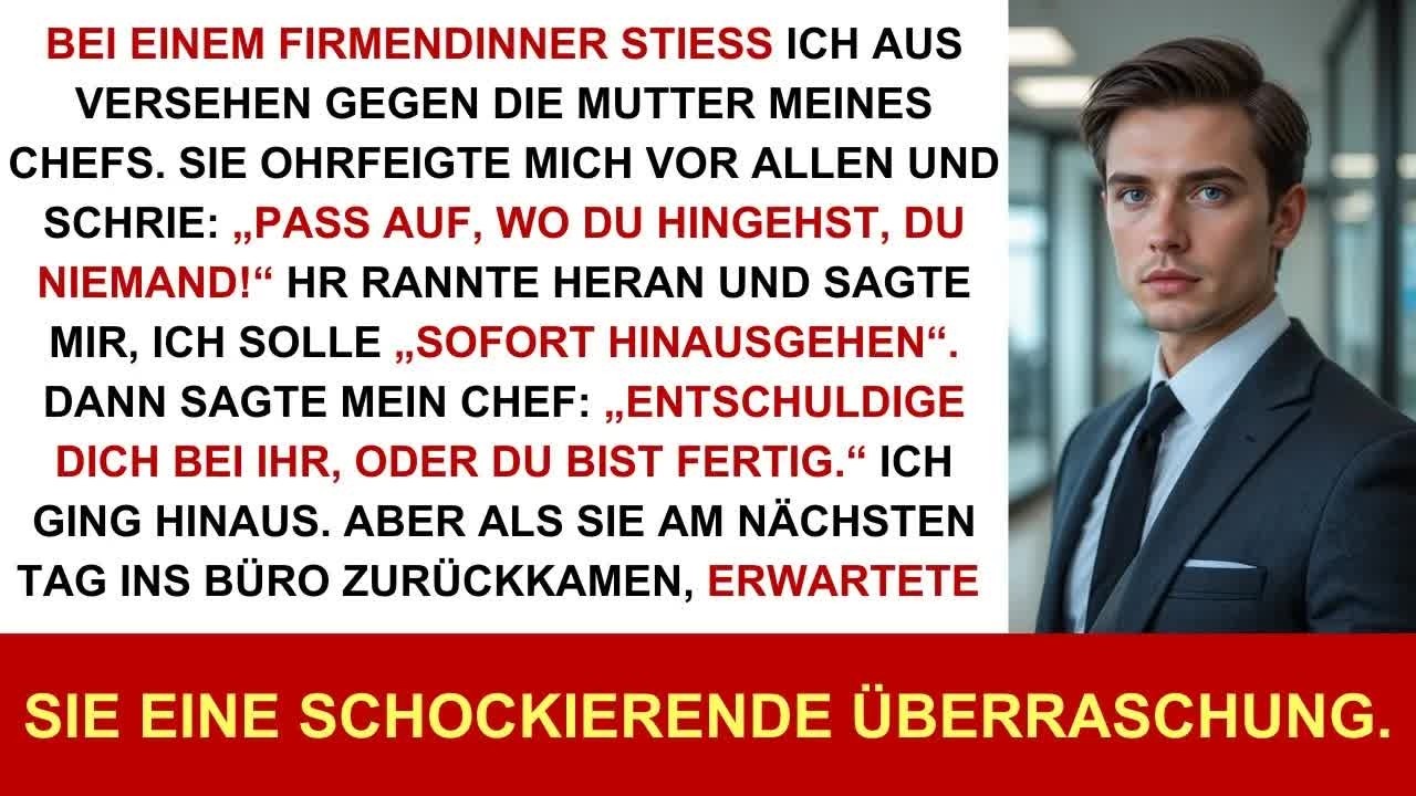 Beim Firmendinner stieß ich an die Mutter des Chefs; sie ohrfeigte mich, HR schickte mich heim