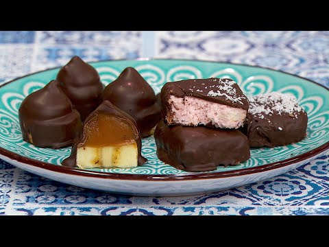 Bombones de frutilla y coco / Bocaditos de banana, dulce de leche y chocolate