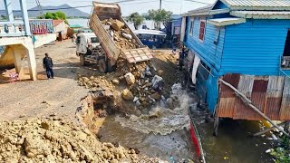 Start Opening New Project!! Bulldozer KOMAT'SU D20P Pushing Soil into Flooded area&amp; Trucks 5Ton.