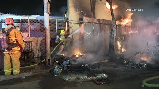 04.19.2020 | 8:34 pm los angeles - flames form a homeless encampment
spread to nearby commercial building leaving it damaged, sunday night.
authorities r...