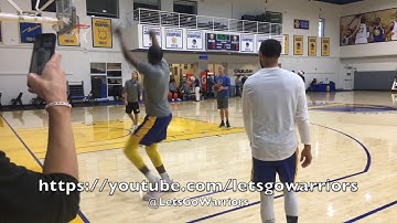 Kevin Durant and Steph shooting together, later Curry dunks and hits the walk-away kickball shot