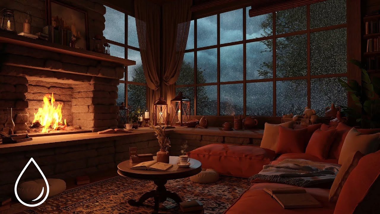 Rain Sound On Window with Gentle Night Rain & Warm Fireplace | Sleep, Study and Relaxation