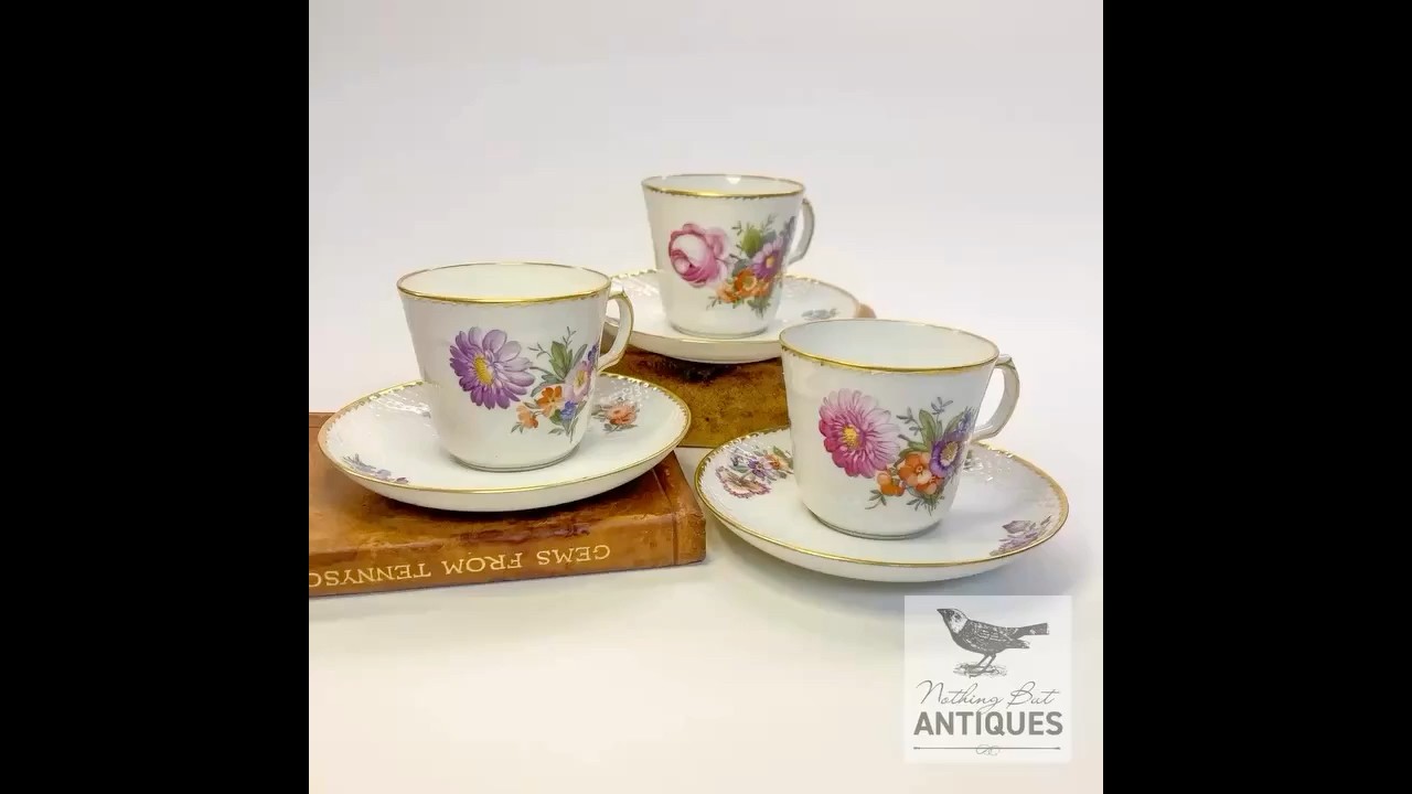 Vintage Royal Copenhagen Saxon Flowers Demitasse Cups & Saucers, Set of 3, ca, 1950s