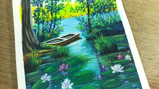 Oil pastel drawing/Water Lily drawing with oil pastel/Oil pastel scenery drawing/Landscape painting