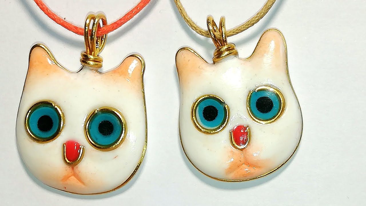 Cat Pendant Faux Enamel! Polymer Clay and Wire