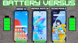 VERSUS BATTERY Tecno Pova 5 vs Redmi 12 vs Infinix Note 30 Indonesia, PEMBUKTIAN 6000mAh POVA 5!