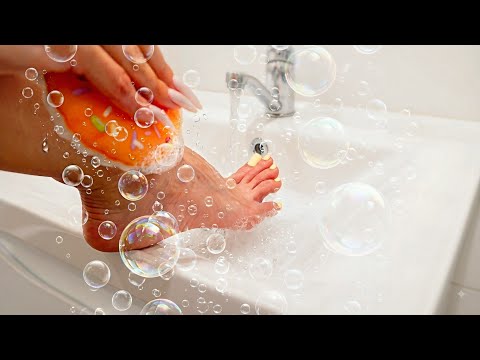 ASMR foot washing with a brush