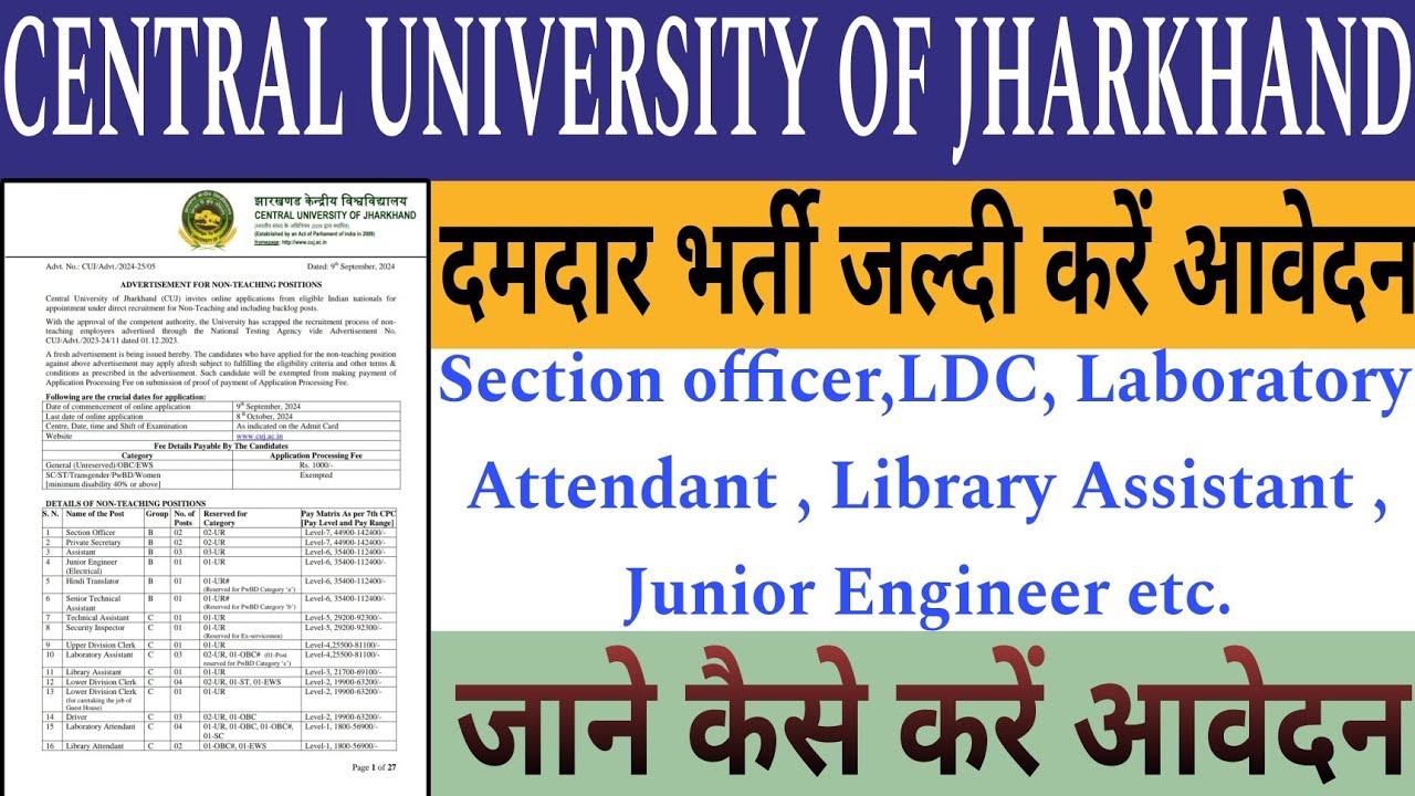 JHARKHAND CENTRAL UNIVERSITY 2024🔴 New Vacancy 2024 🔴 Notification Out ...