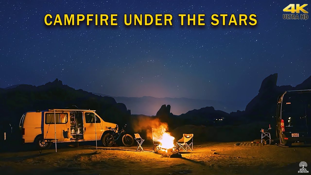 4K Night Campfire Under the Stars | Desert Van Life Ambience, Crackling Fire, Relaxing Sleep Sounds