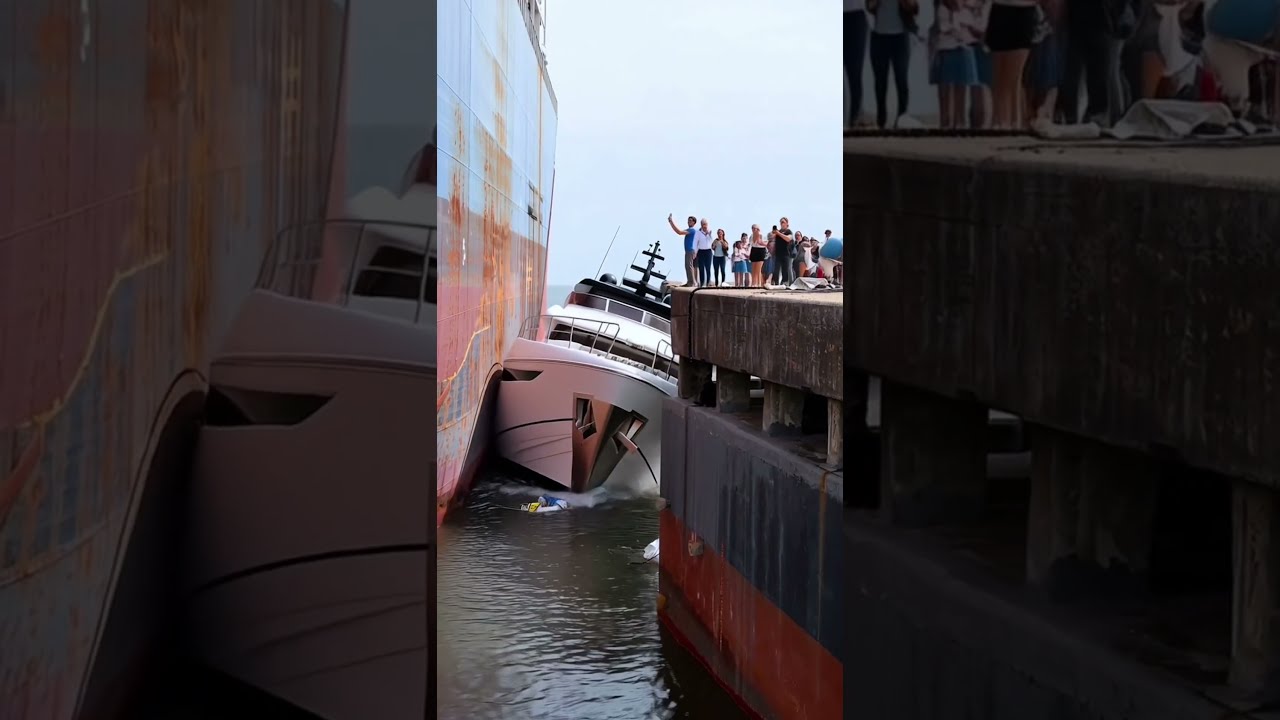 A Yacht Got Stuck Between Tanker And The Pier Is Trying To Escape
