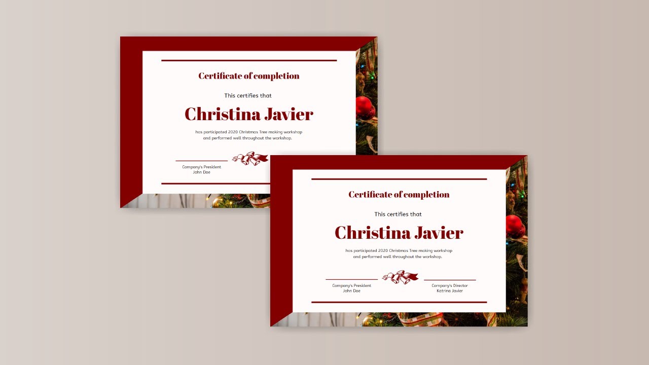 Design a Completion Certificate for 2020 Christmas Tree Workshop for Free using VP InfoART