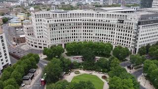 Drone around Londons Thames River and Canary Wharf