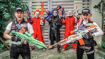 [ 1 Hour Nerf War ] COUPLE Warriors Black Man Nerf Guns Fight Crime RED SATAN Mask