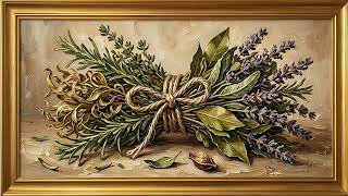 Herb Bouquet Still Life | Gold Frame TV Art | Rustic Kitchen Painting - 2 Scenes