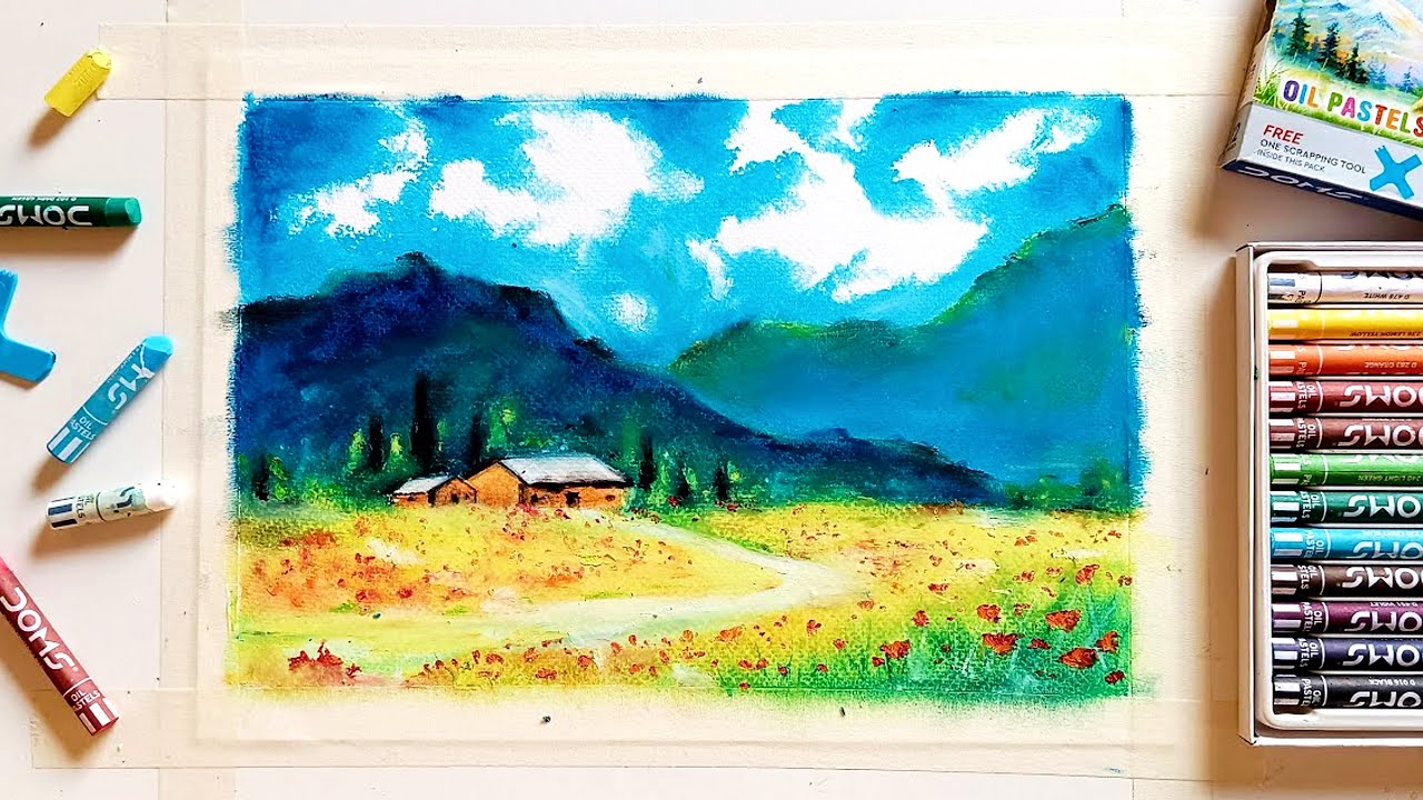 ep:50🌱oil pastel drawing with 12 colour | landscape painting - YouTube