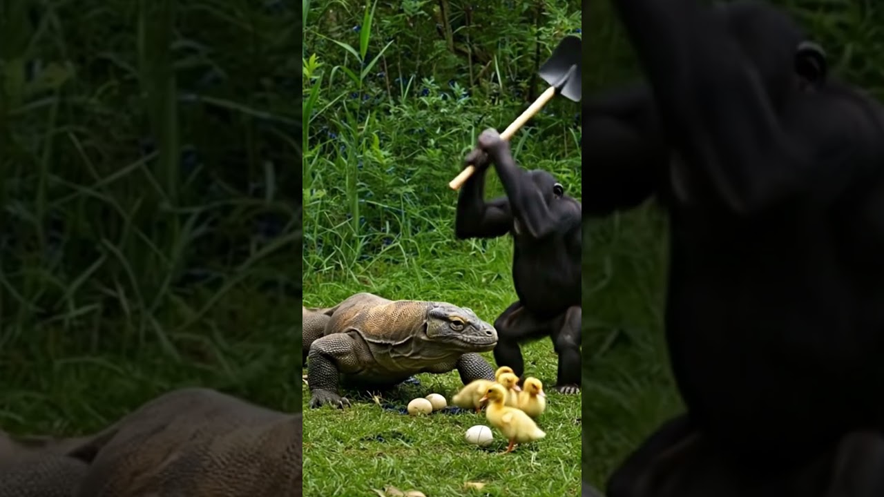 chimpanzee vs komodo dragon: will the brave hero save the frightened ducklings? 