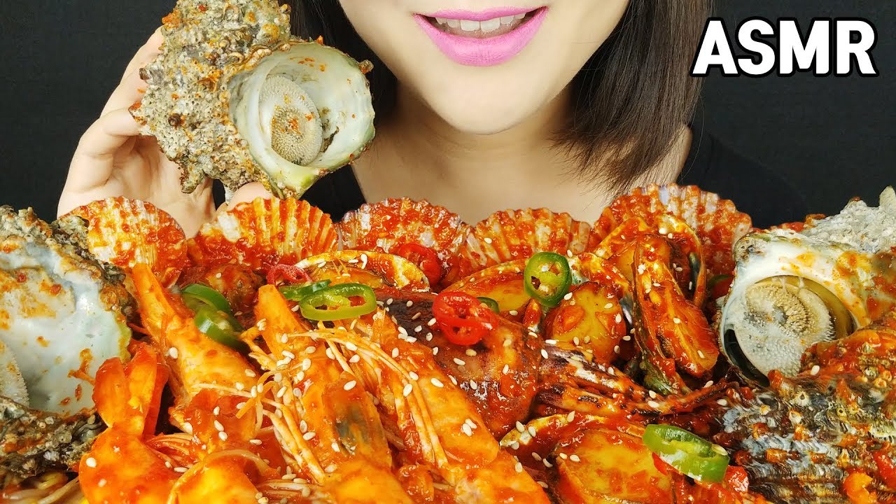 ASMR пряных морепродукты (кальмары, креветки, Раковины, гребешки, Abalone, ростки фасоли) едят звуки