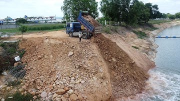 Amazing Landfill Video! Filling Soil into Deep Pond Use Old Dozer D20P Push & 3T Dump Truck Unload