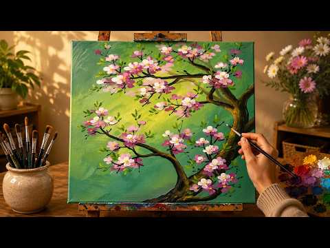 Easy Cherry Blossom Branch Acrylic Painting | Simple Spring Floral Tutorial for Beginners