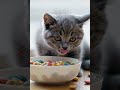Cute kitten eating cereal for the first time