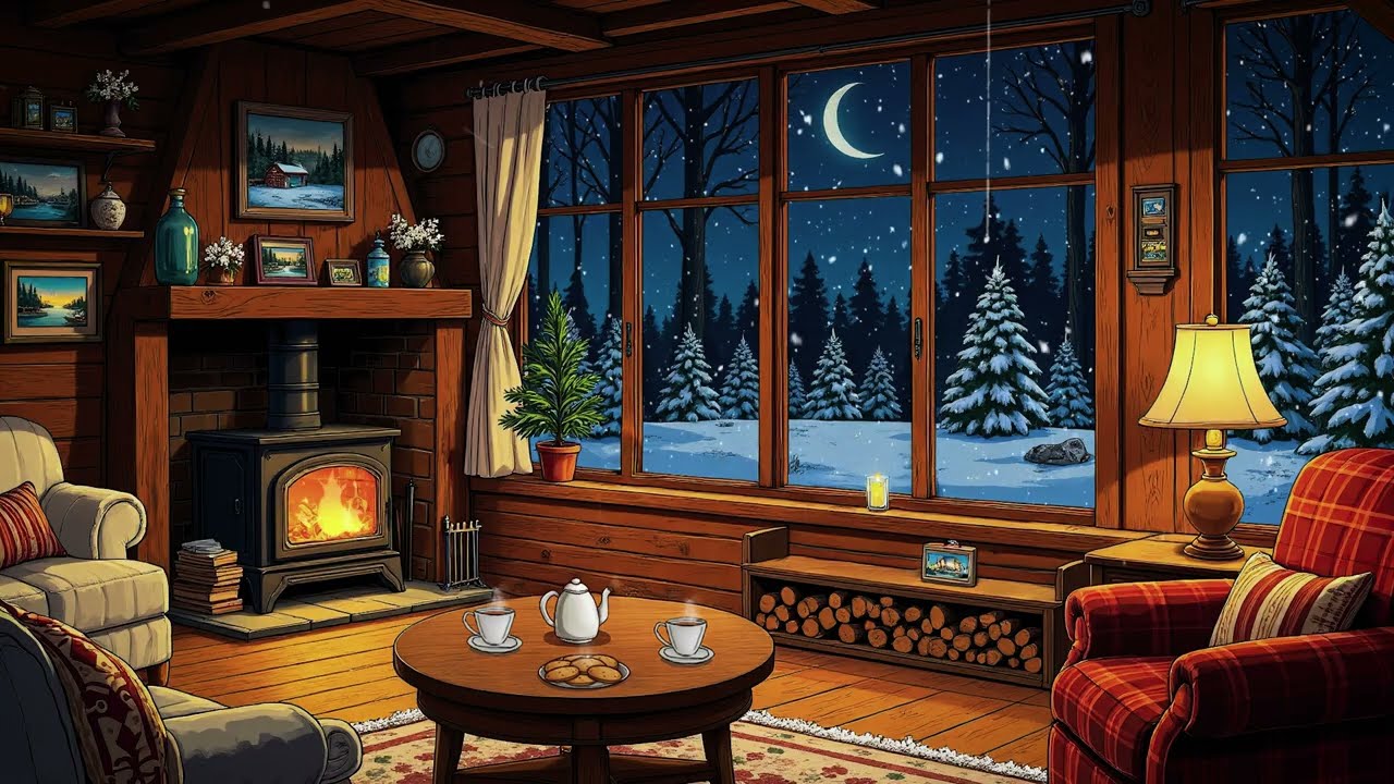 Cozy Living Room At Night With Warm Lights, Dreamy Snowfall And Vintage Jazz 1930s Mood Noir Vibes