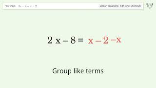 Linear equation with one unknown: Solve 3x-8=x-2 step-by-step solution