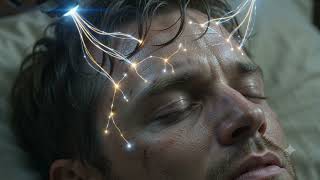 drone projects glowing laser plus soft energy forcefields on man's head, instantly stabilizing him. screenshot 4