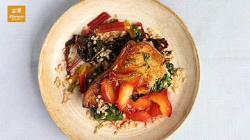 Pork Chops with Roasted Plums and Pearl Barley