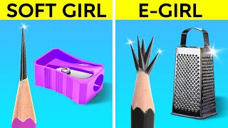 FUN & EASY ART CRAFTS || Soft VS E-Girl Drawing Challenge! Creative School Hacks by 123GO! CHALLENGE screenshot 4