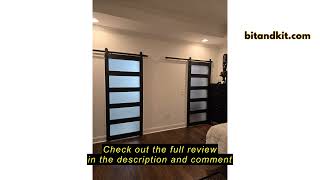 Review CALHOME 48 in. x 84 in. 5 Lite Tempered Frosted Glass Black Finished Composite Interior Slidi