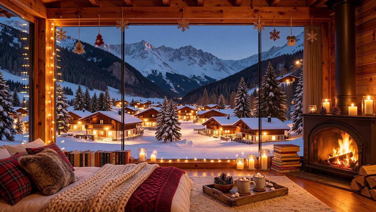 Tranquil Winter Living Room Piano ⛄ Fireplace Crackle & Snowfall for Deep Sleep, Focus & Study