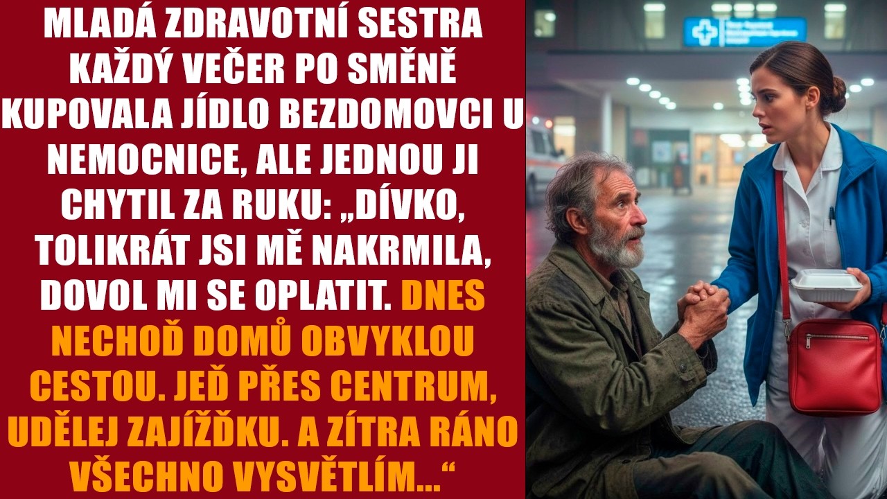 Včera večer mi bezdomovec, kterého jsem každý den krmila, stiskl ruku a řekl: „Dnes nejezdi domů obvyklou cestou. Jeď přes centrum. Zítra ti všechno vysvětlím.“ Nechápala jsem, o čem mluví, ale v...