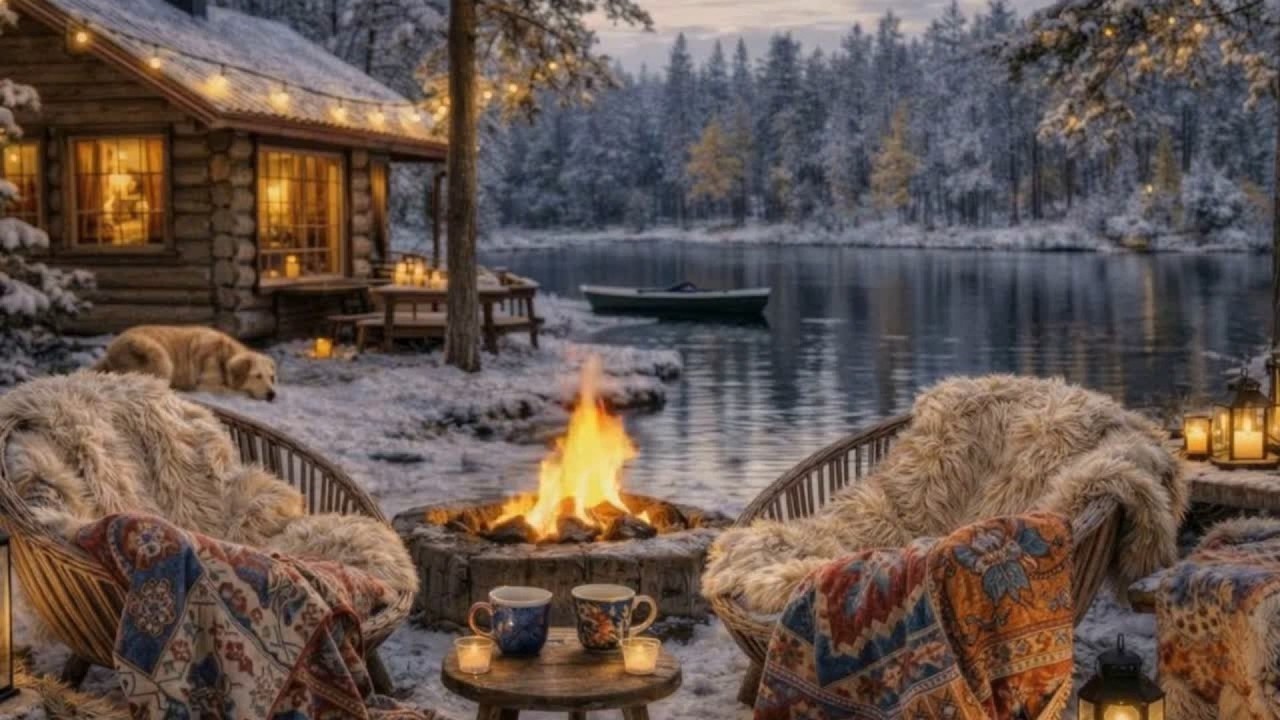 Winter Lake Cabin Ambience with Fireplace | Calming  Smooth Jazz for Relaxation