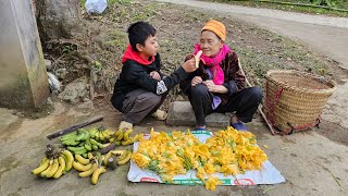 Orphan Boy  Picking pumpkin flowers, Bananas with the old lady to sell, Raising pigs and chickens